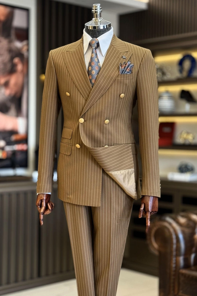 Men's Brown Stripe ~ Pinstripe 2 Button Cheap Priced Business Suits Clearance Sale