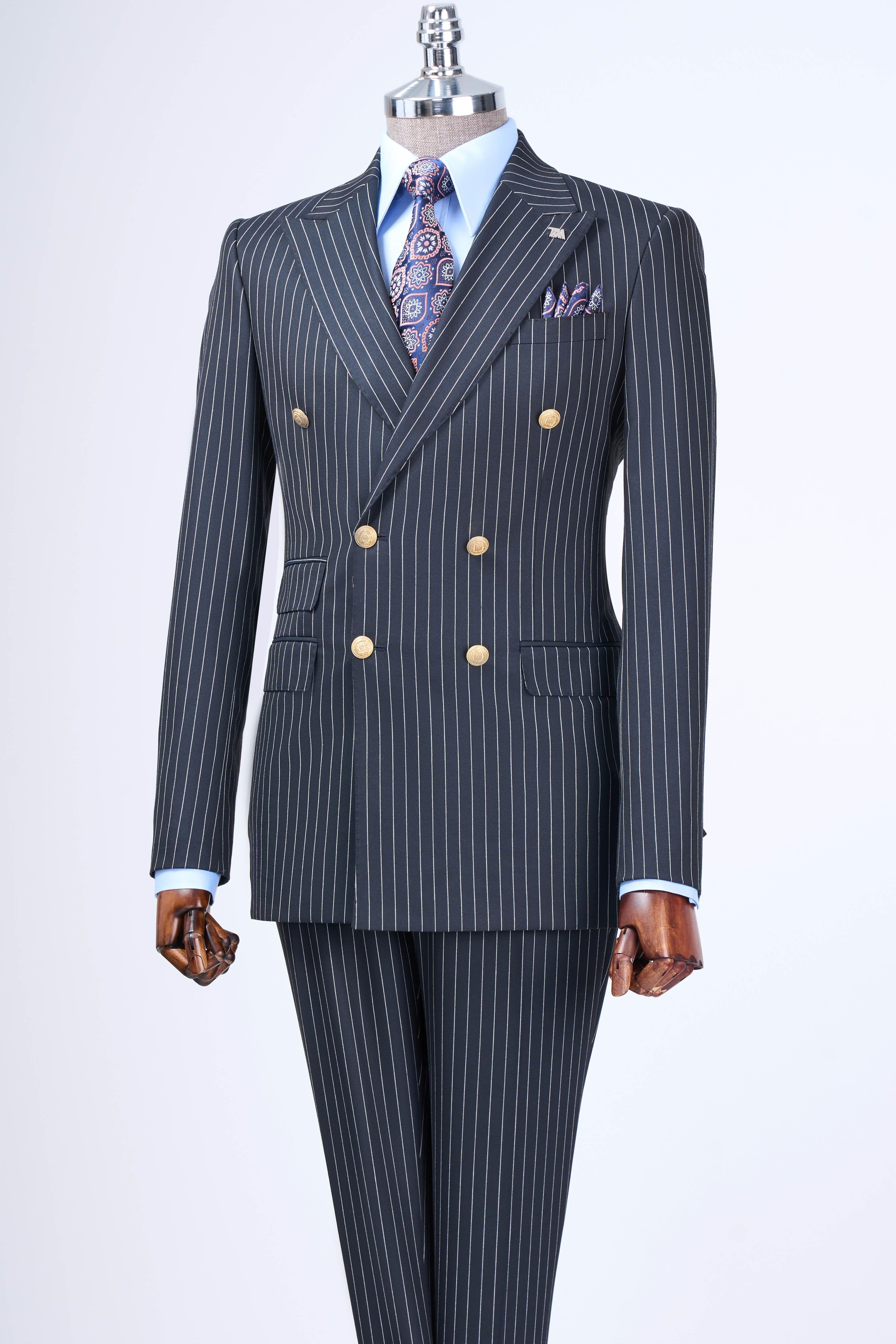 Gray Double Breasted Striped Chic Business Men Suits